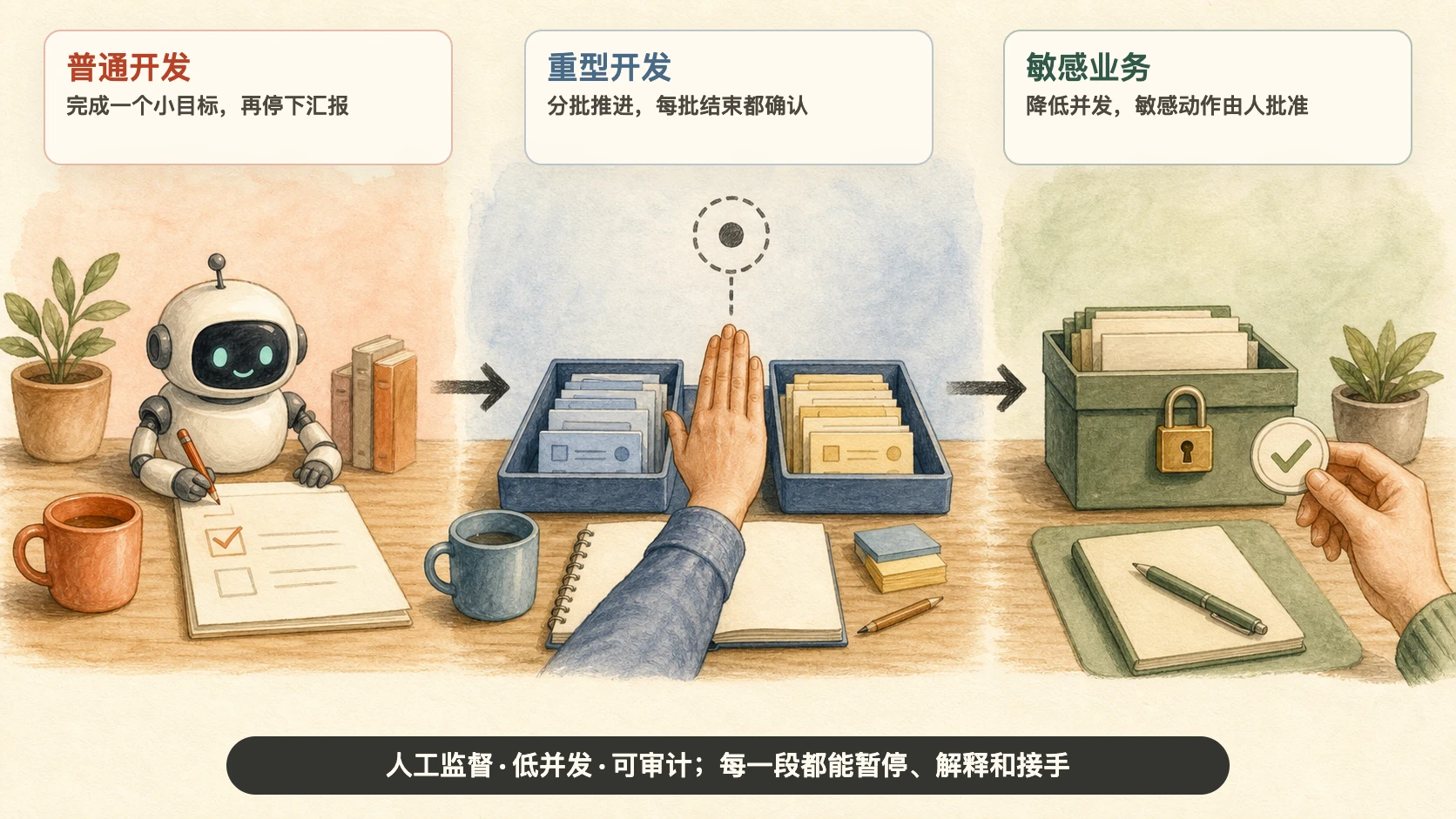 Claude Code 三种使用节奏：普通开发按小目标汇报，重型开发分批确认，敏感业务降低并发并由人批准