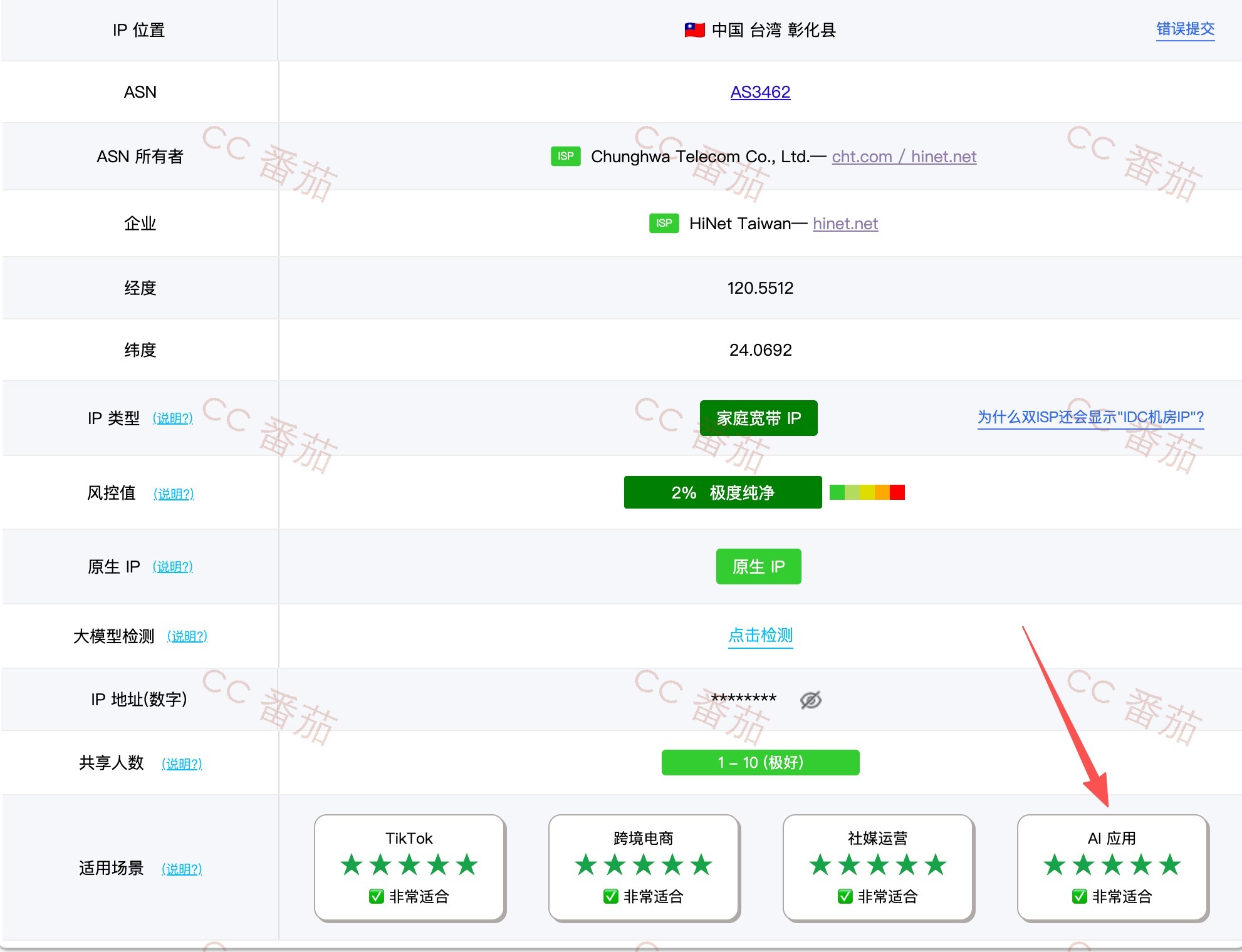 cc 番茄线路在 pingip 的住宅 IP 和 AI 应用检测截图
