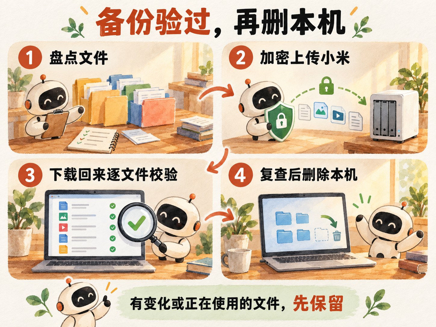 先盘点，加密上传小米，再下载回来逐文件校验，复查后删除本机