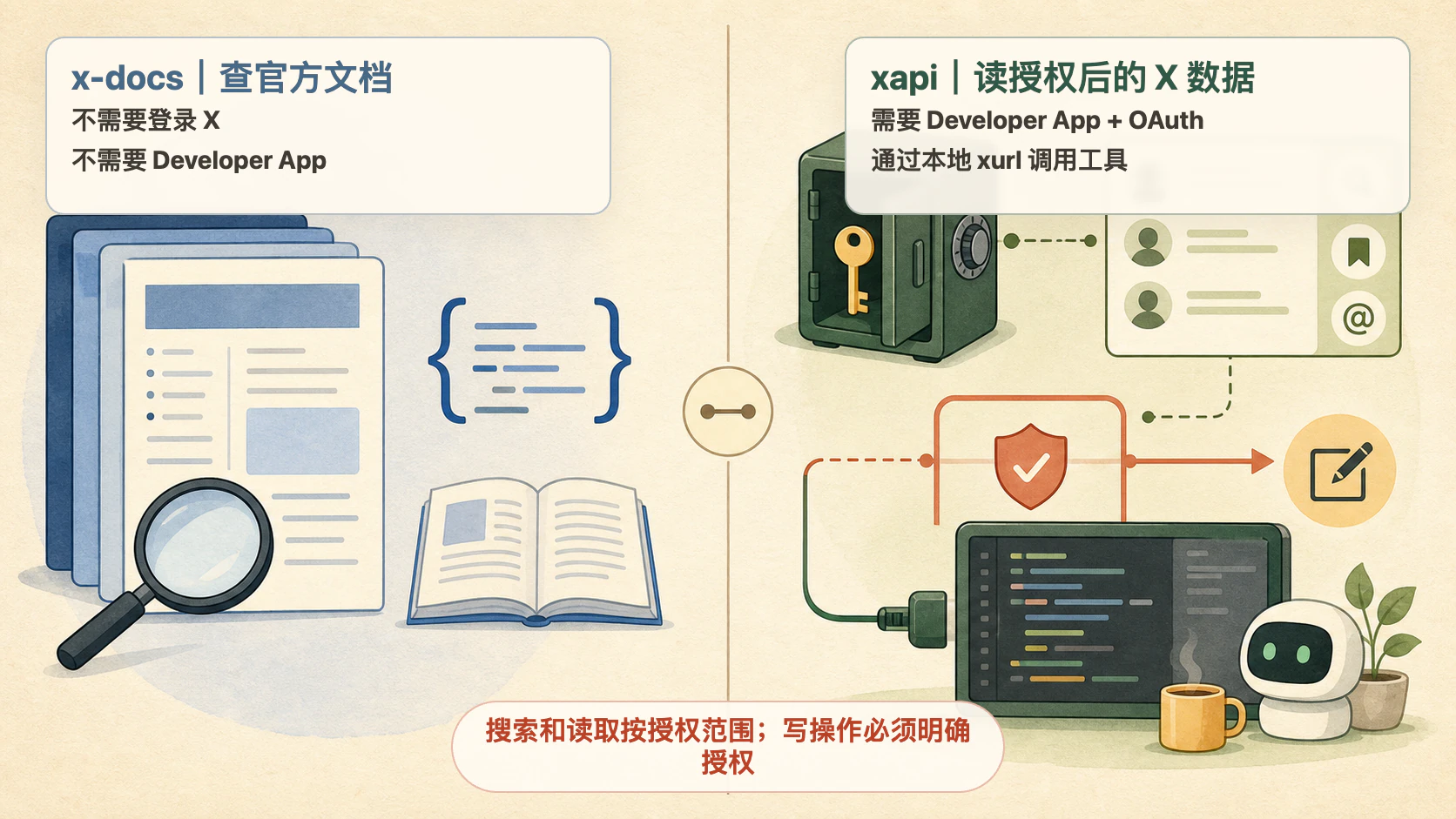 x-docs 与 xapi 的区别：x-docs 只查官方文档，xapi 通过本地 xurl 访问授权后的 X 数据