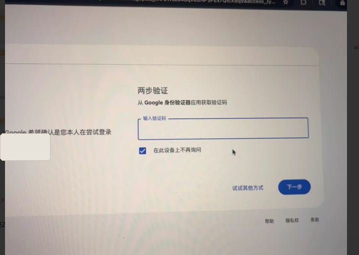 原文配图：Google 两步验证输入框
