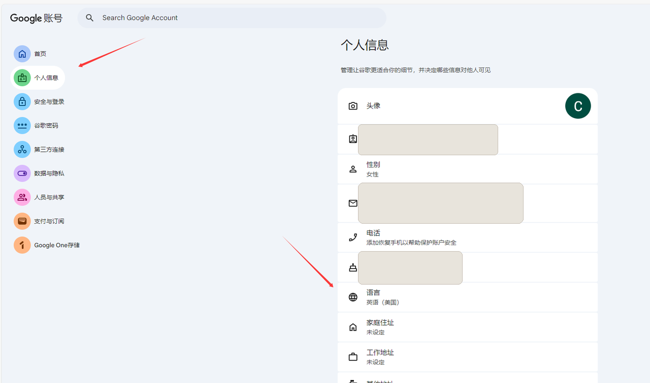原文配图：Google 账号个人信息中的语言设置，个人资料已遮挡