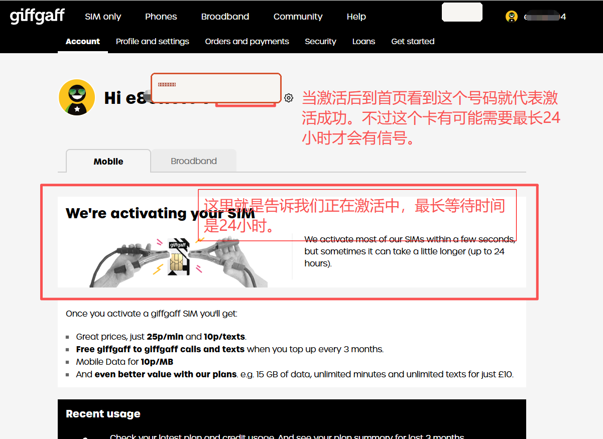 giffgaff 首页显示正在激活 SIM