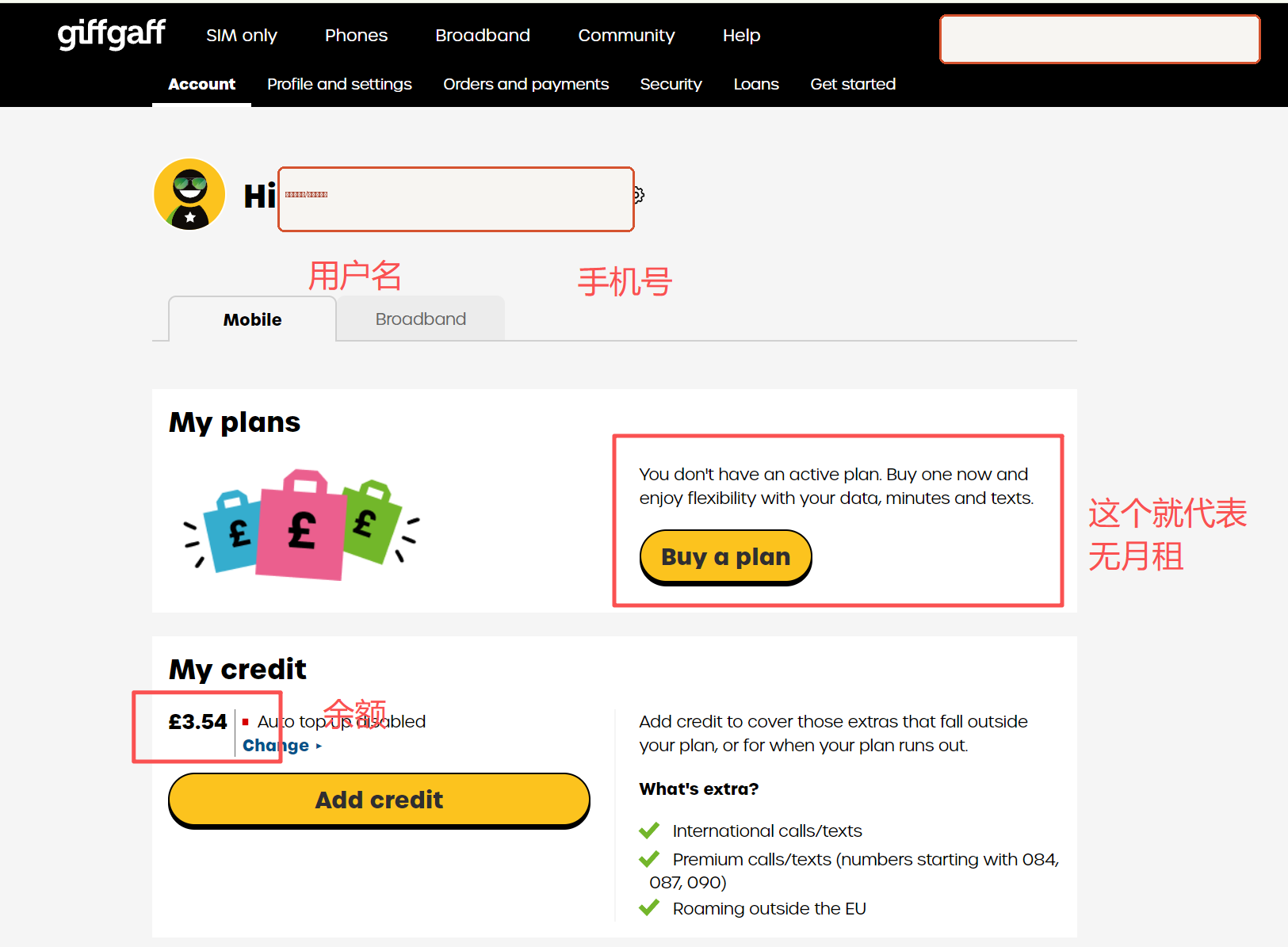 giffgaff 首页显示 pay as you go 和余额
