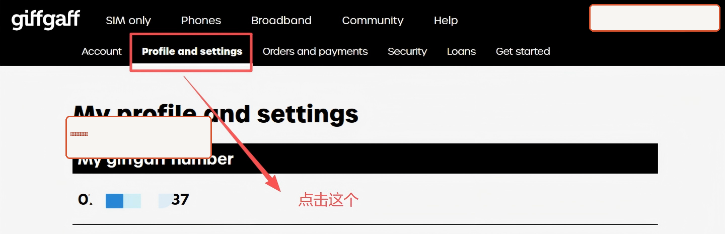 giffgaff Profile and settings 入口
