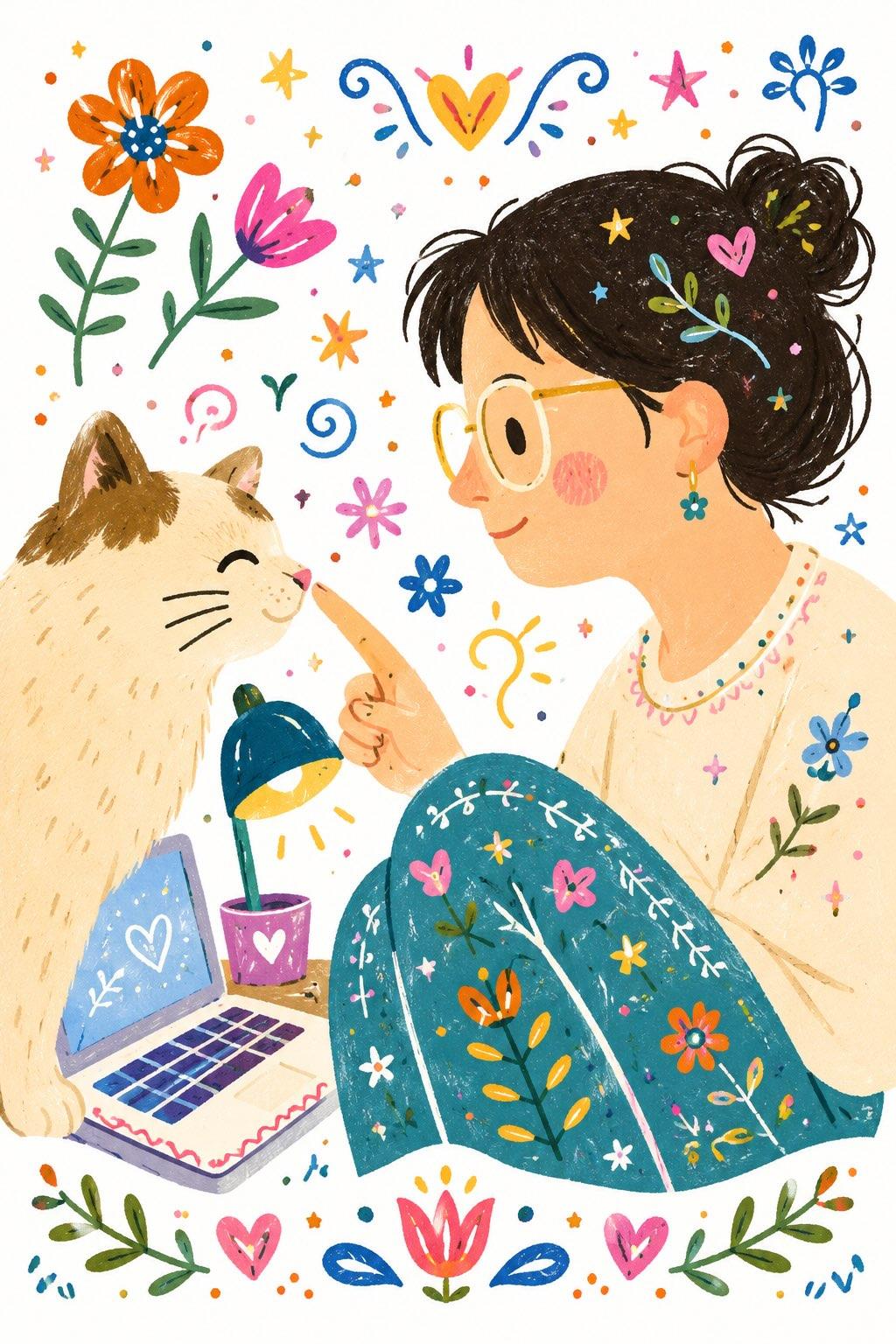 生成效果：涂鸦风平面插图，人物和猫被画成可爱手绘风
