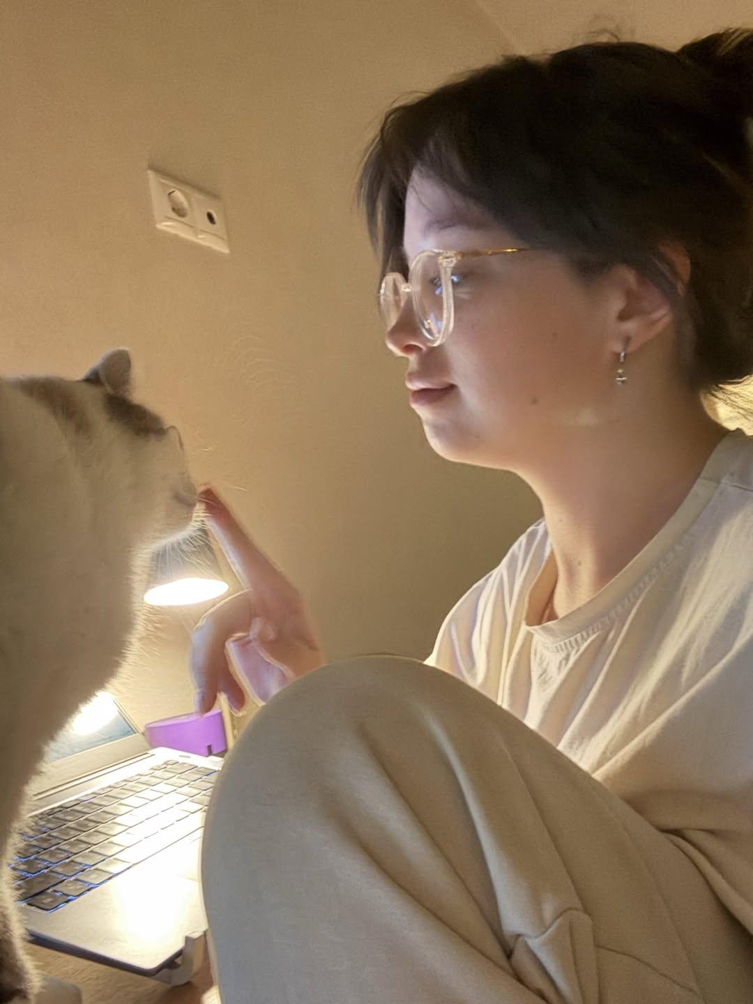 原始照片：人物和猫在电脑旁互动