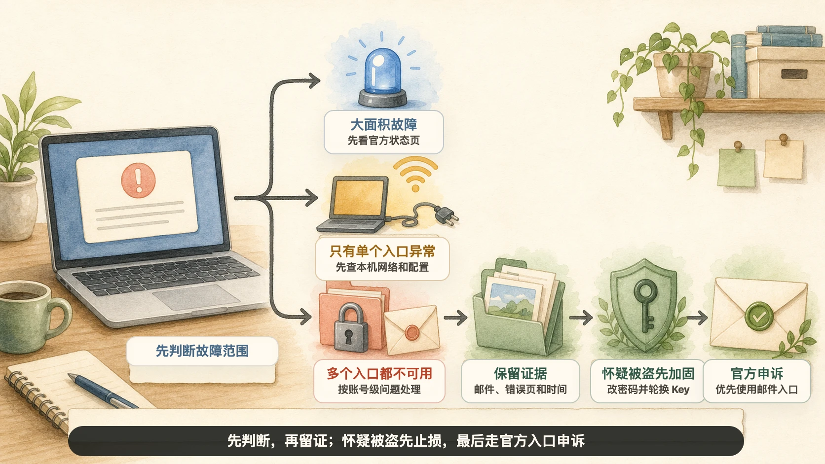 OpenAI 账号无法访问的判断路径：先区分服务故障、本地问题和账号停用，再留证、加固账号并走官方申诉